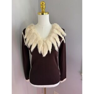 Attitude Knit Faux Fur Collar Brown Sweater Y2K Vintage